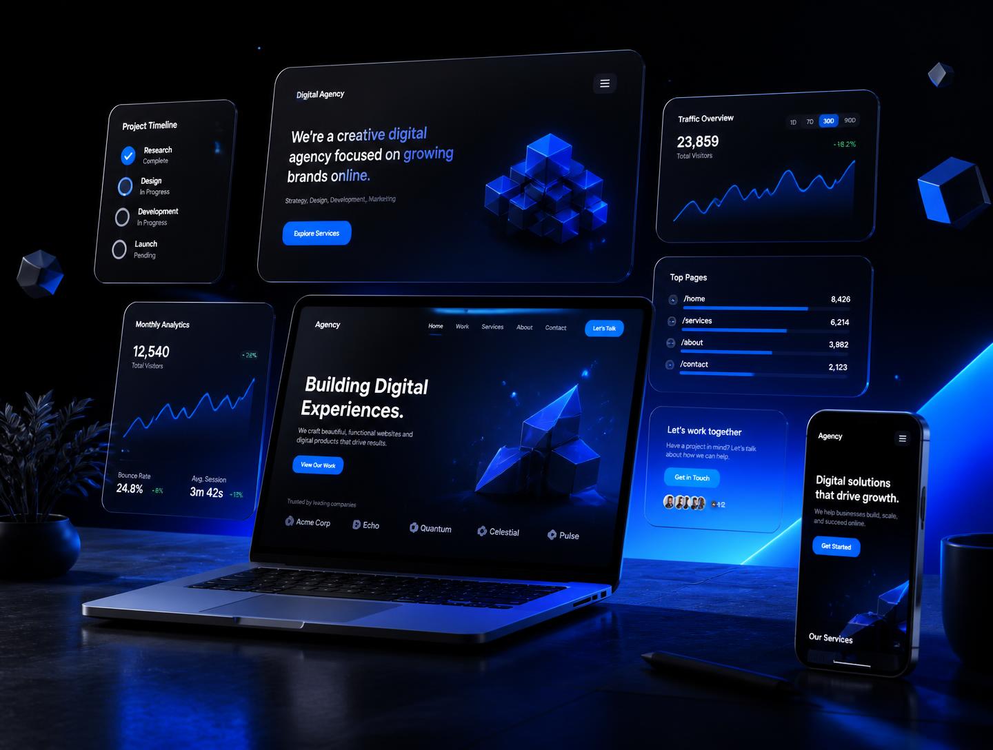 Modern digital workspace with website mockups, analytics dashboards, a laptop and a phone